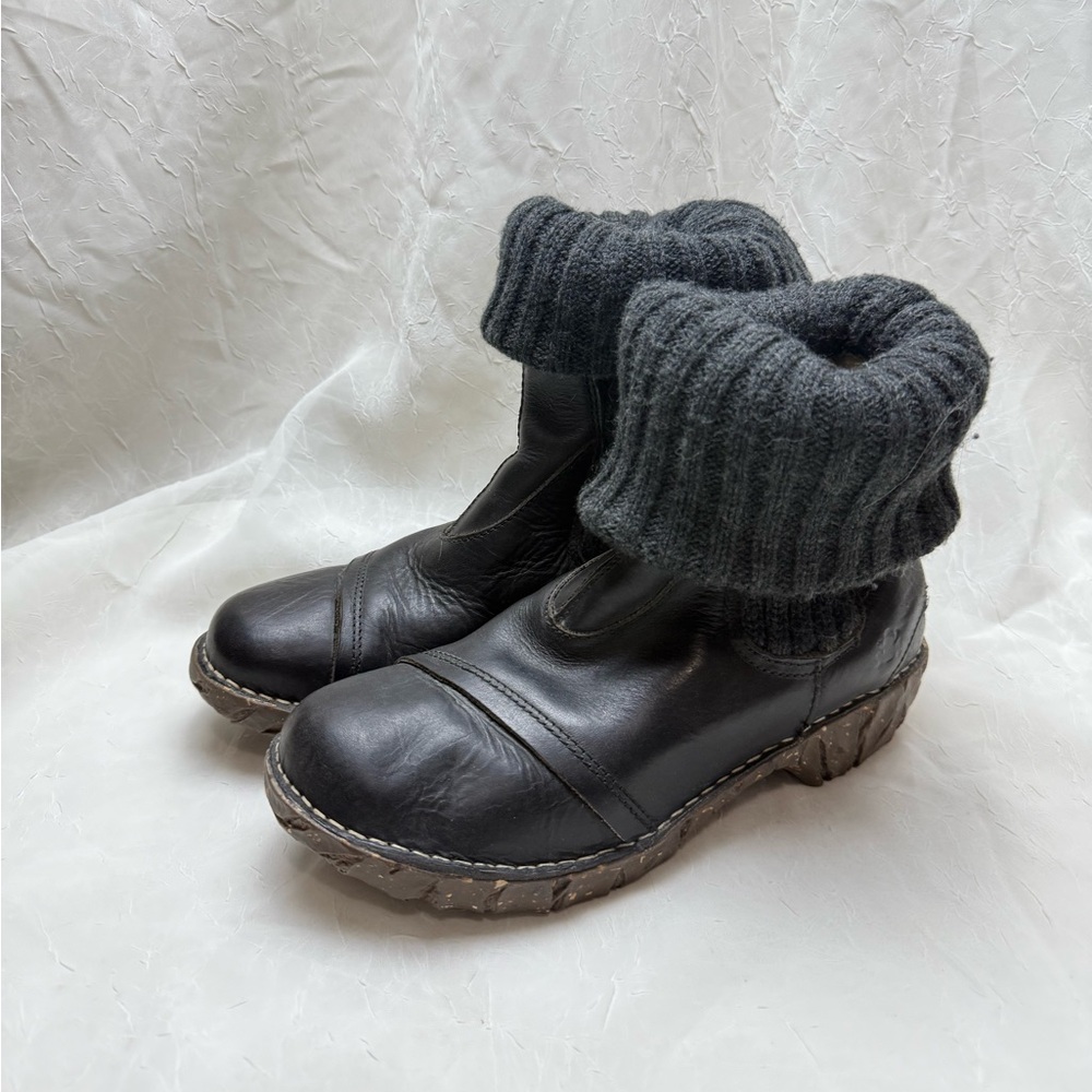 El Naturalista Black Ankle Boots with Knit Cuff